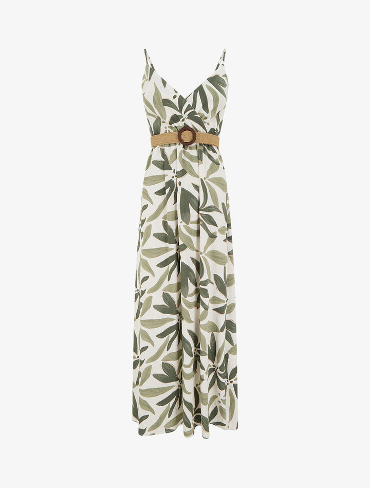 Robe longue évasée imprimé végétal - Kaki