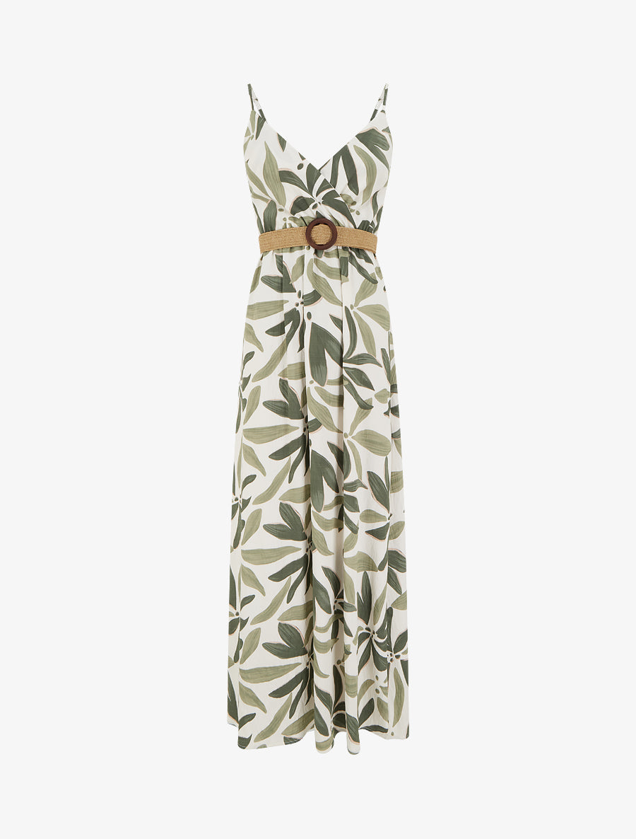 Robe longue évasée imprimé végétal - Kaki