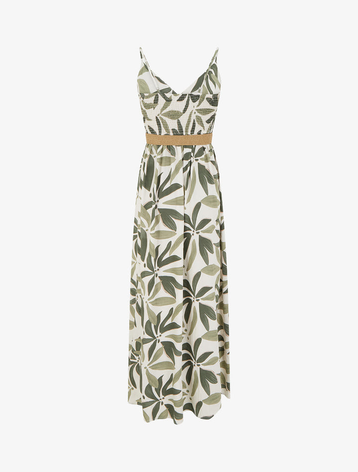 Robe longue évasée imprimé végétal - Kaki