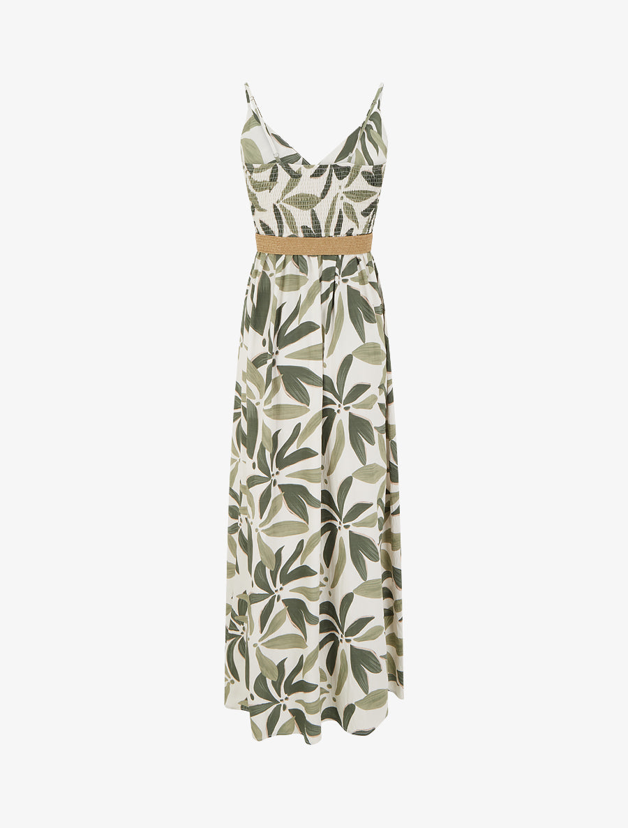 Robe longue évasée imprimé végétal - Kaki