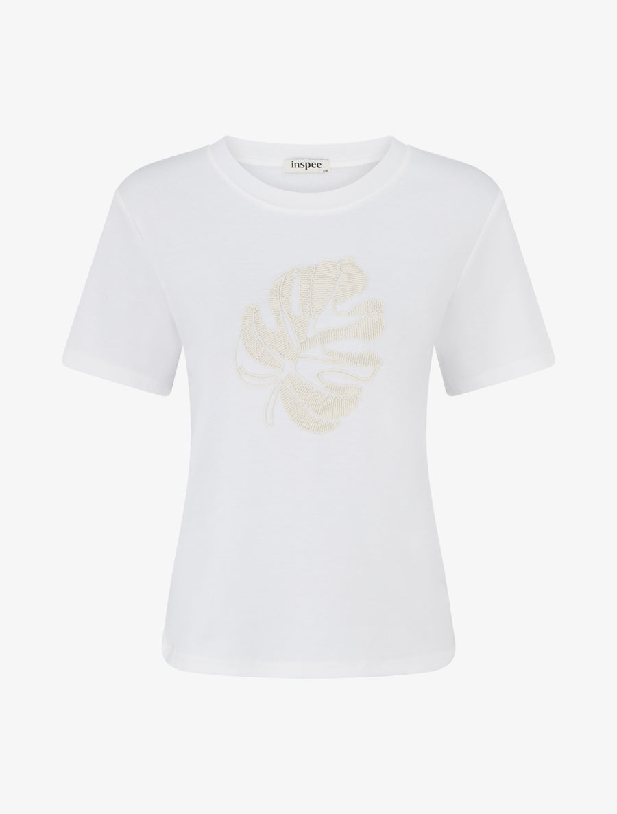 T-shirt uni à broderie feuille - Blanc