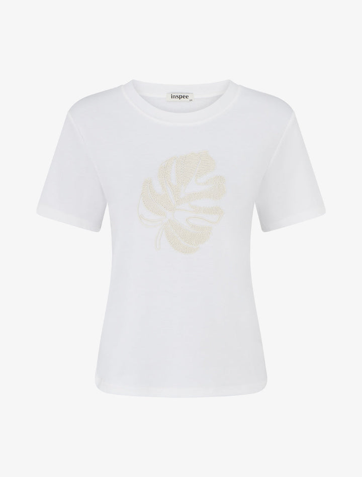 T-shirt uni à broderie feuille - Blanc