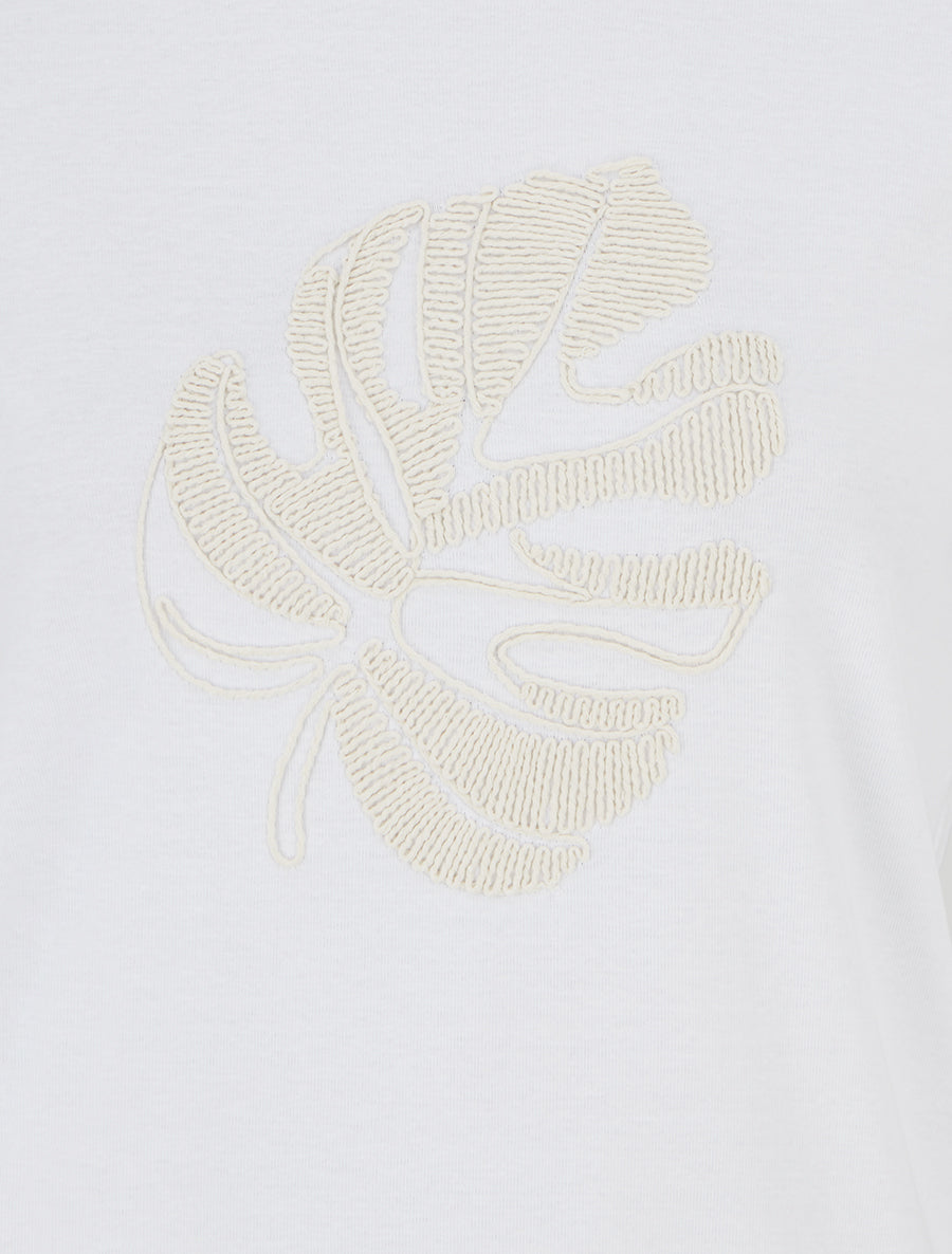 T-shirt uni à broderie feuille - Blanc