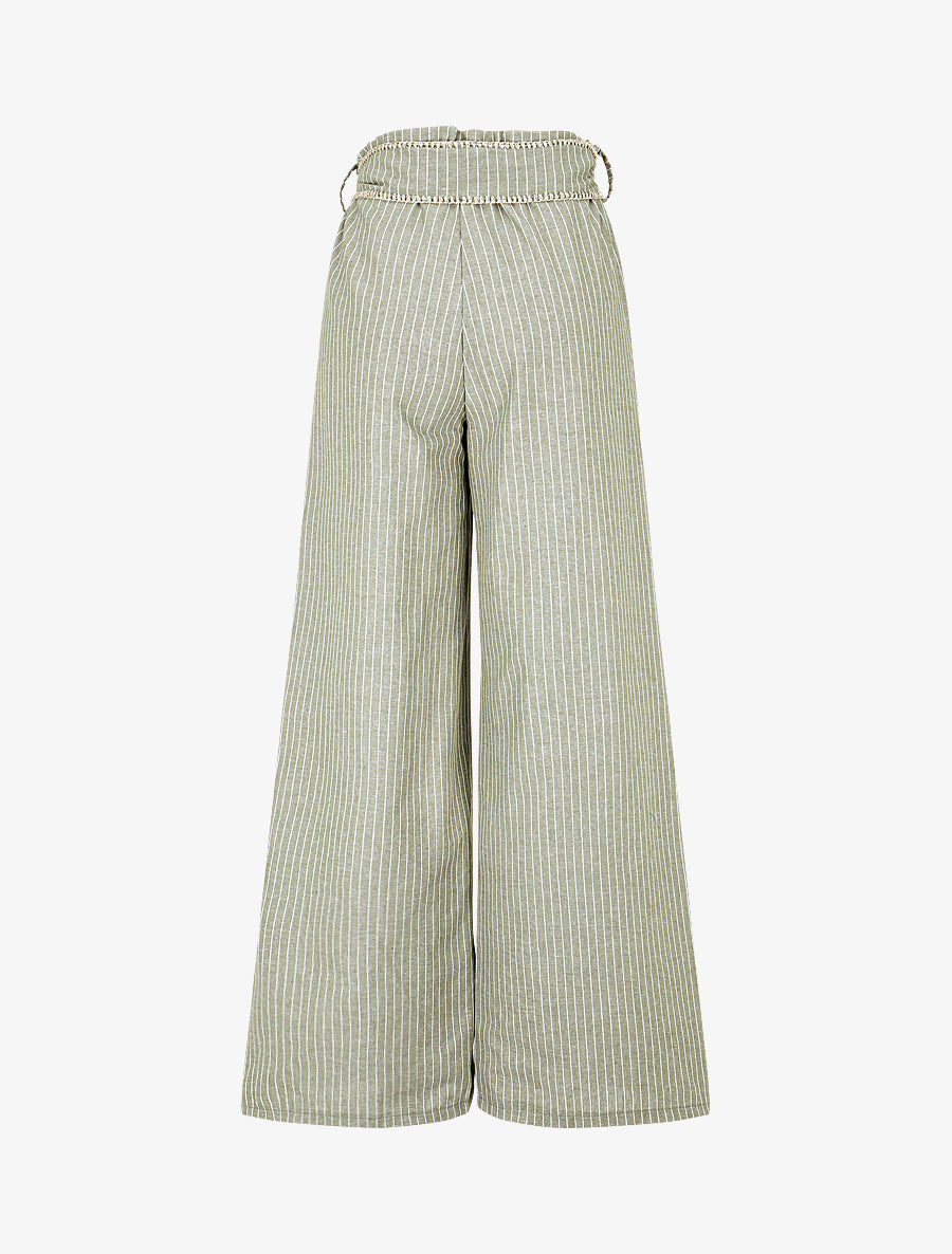 Pantalon ample à rayures et ceinture fantaisie - Kaki