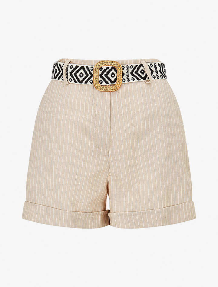 Short rayé ceinturé à revers - Beige