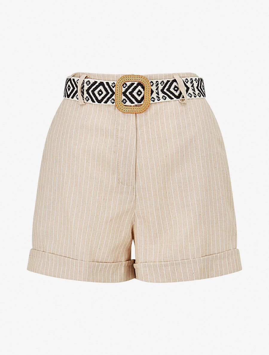 Short rayé ceinturé à revers - Beige