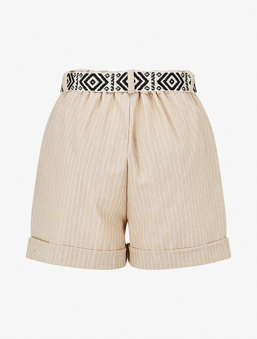 Short rayé ceinturé à revers - Beige