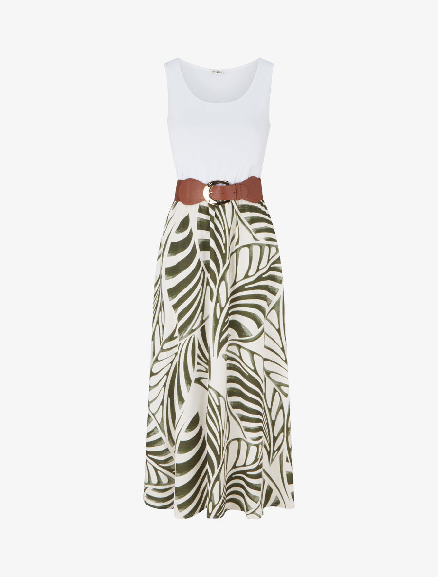 Robe longue sans manches imprimé feuilles - Kaki