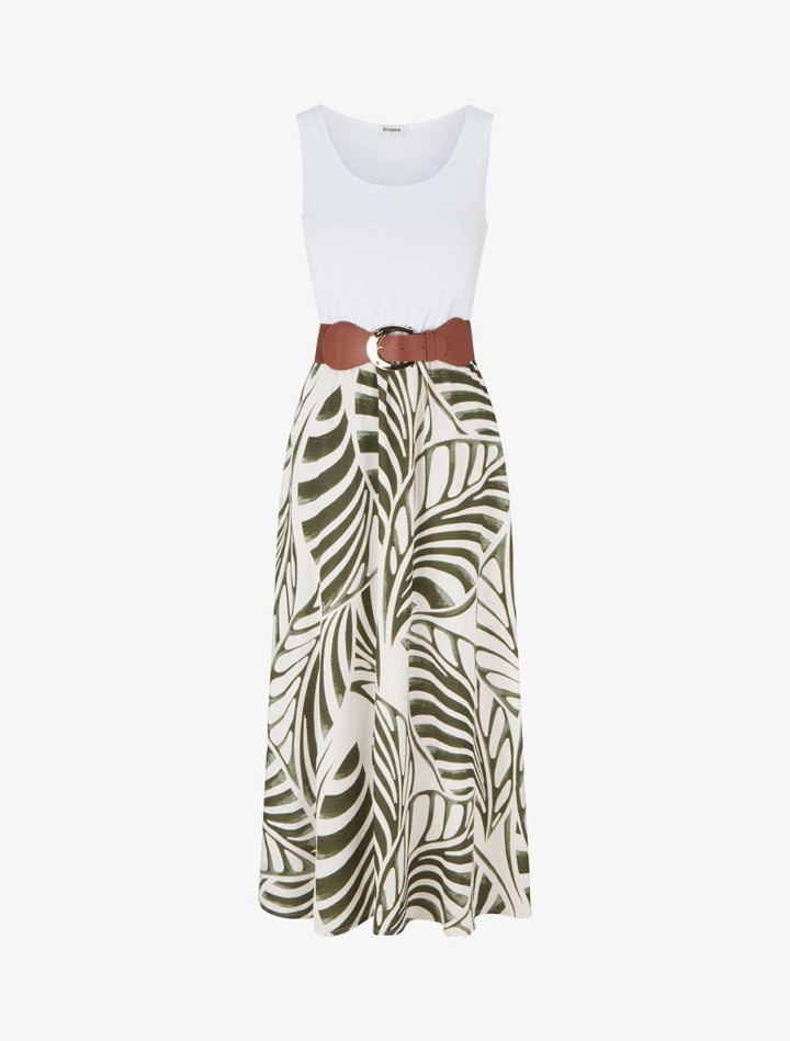 Robe longue sans manches imprimé feuilles - Kaki