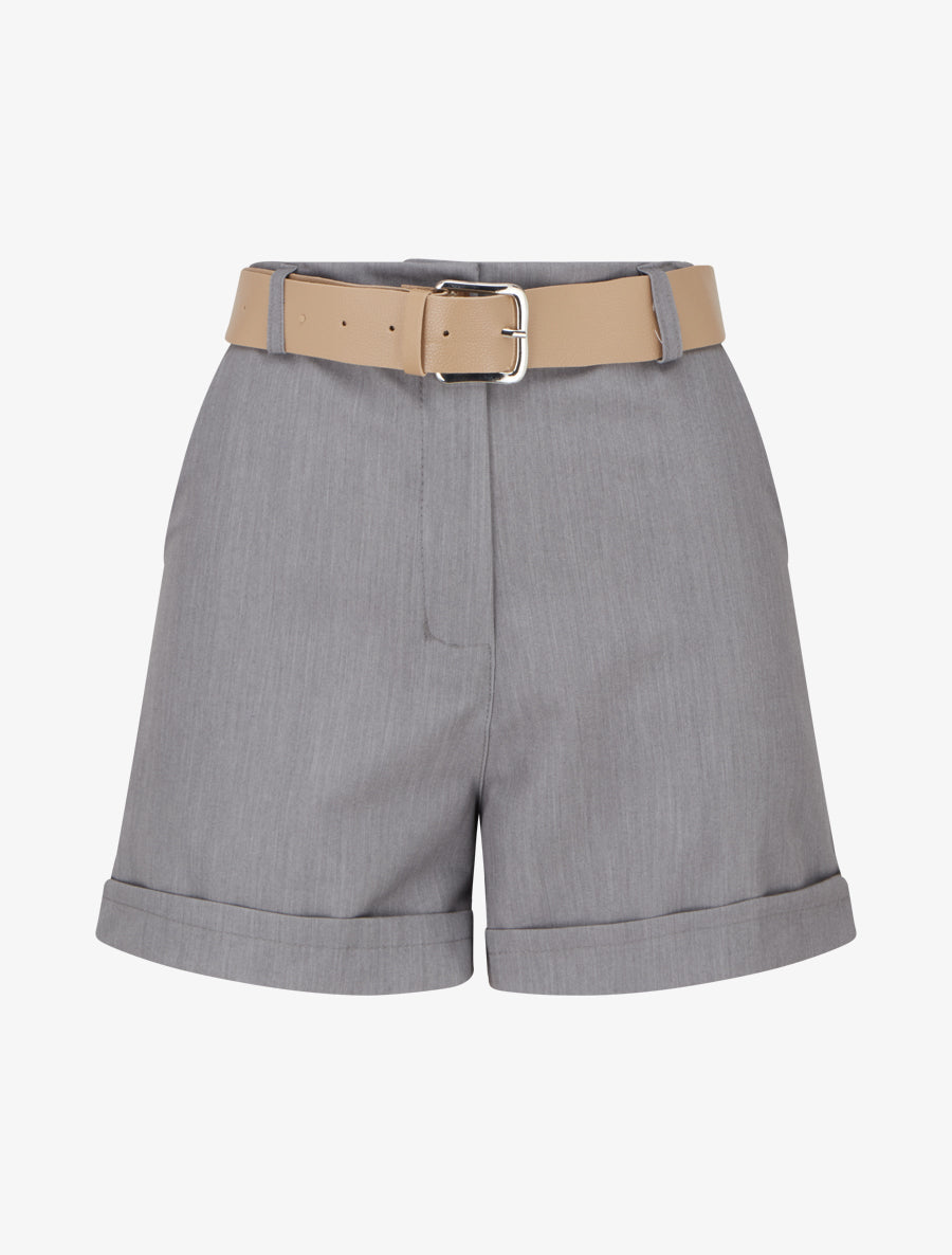 Short uni à ourlet et ceinturé - Gris