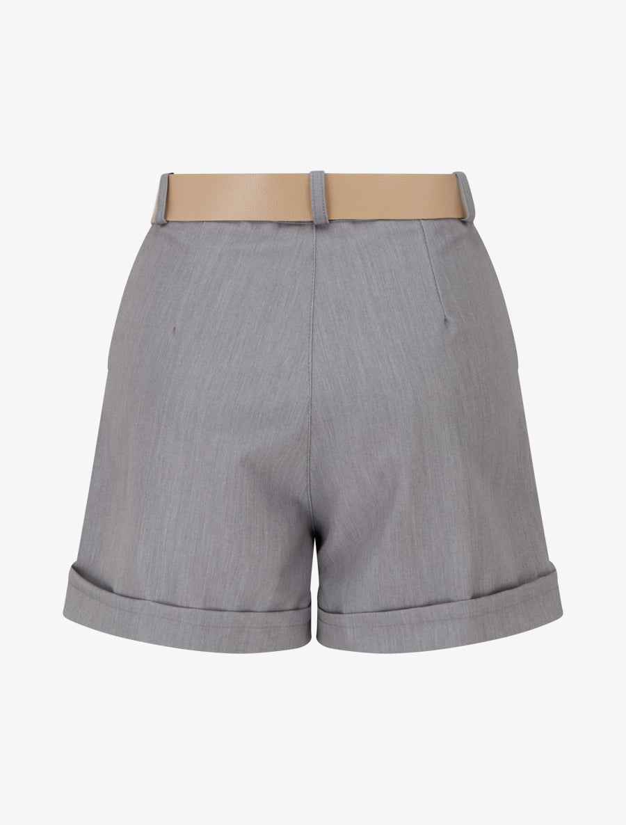 Short uni à ourlet et ceinturé - Gris