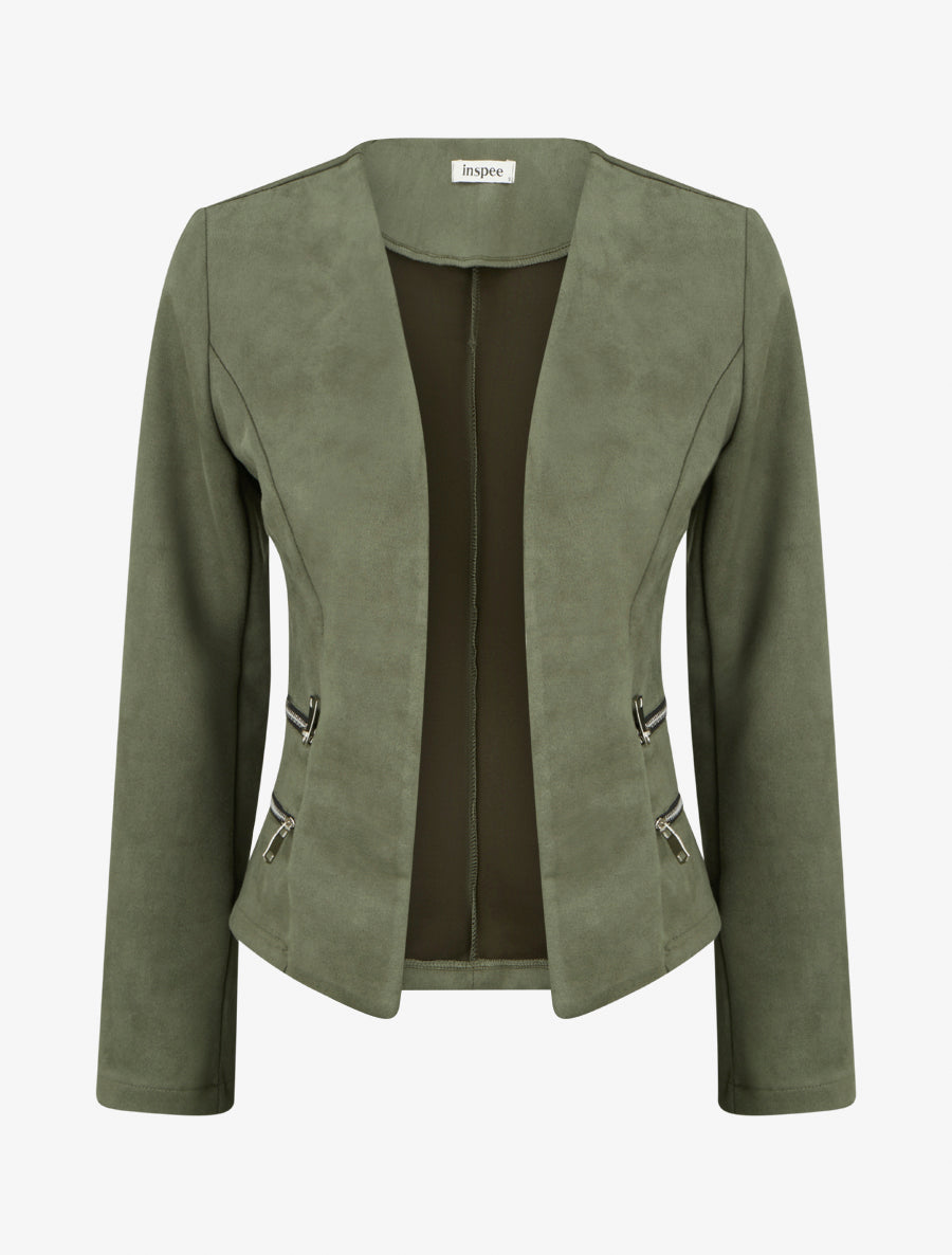Veste en suédine à poches décoratives zippées - Kaki