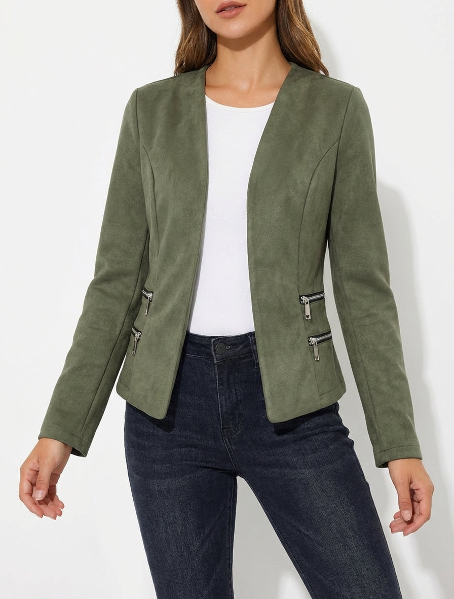 Veste en suédine à poches décoratives zippées - Kaki