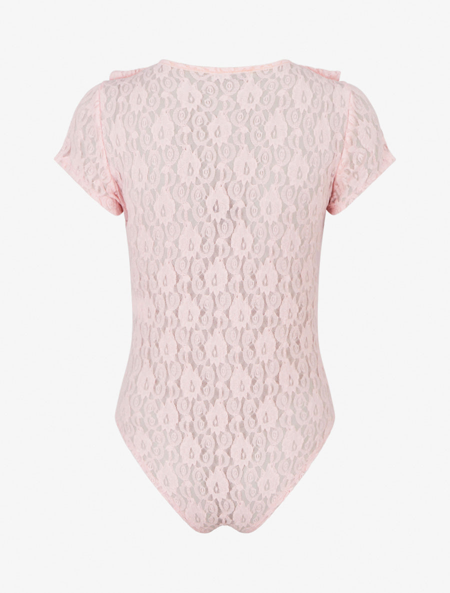 Body uni en dentelle à col volanté - Rose