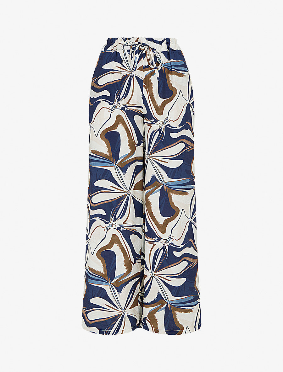 Pantalon imprimé abstrait à taille haute élastiquée - Marine