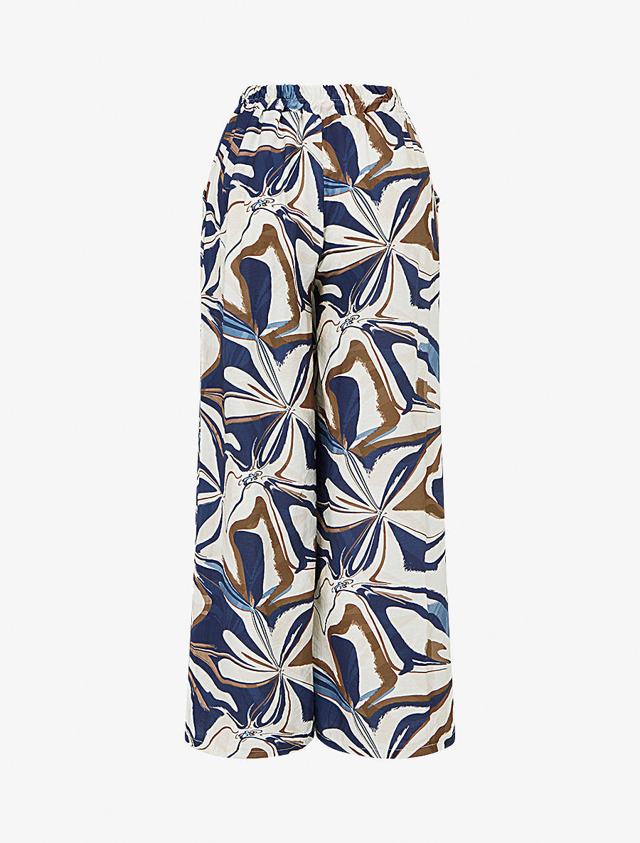 Pantalon imprimé abstrait à taille haute élastiquée - Marine