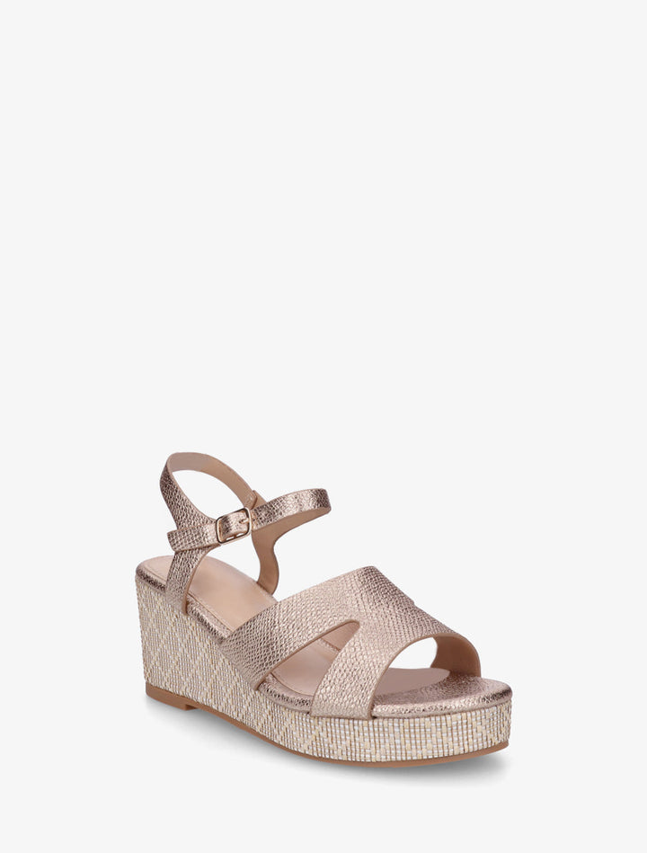 Sandales effet python à talon compensé - Rose gold