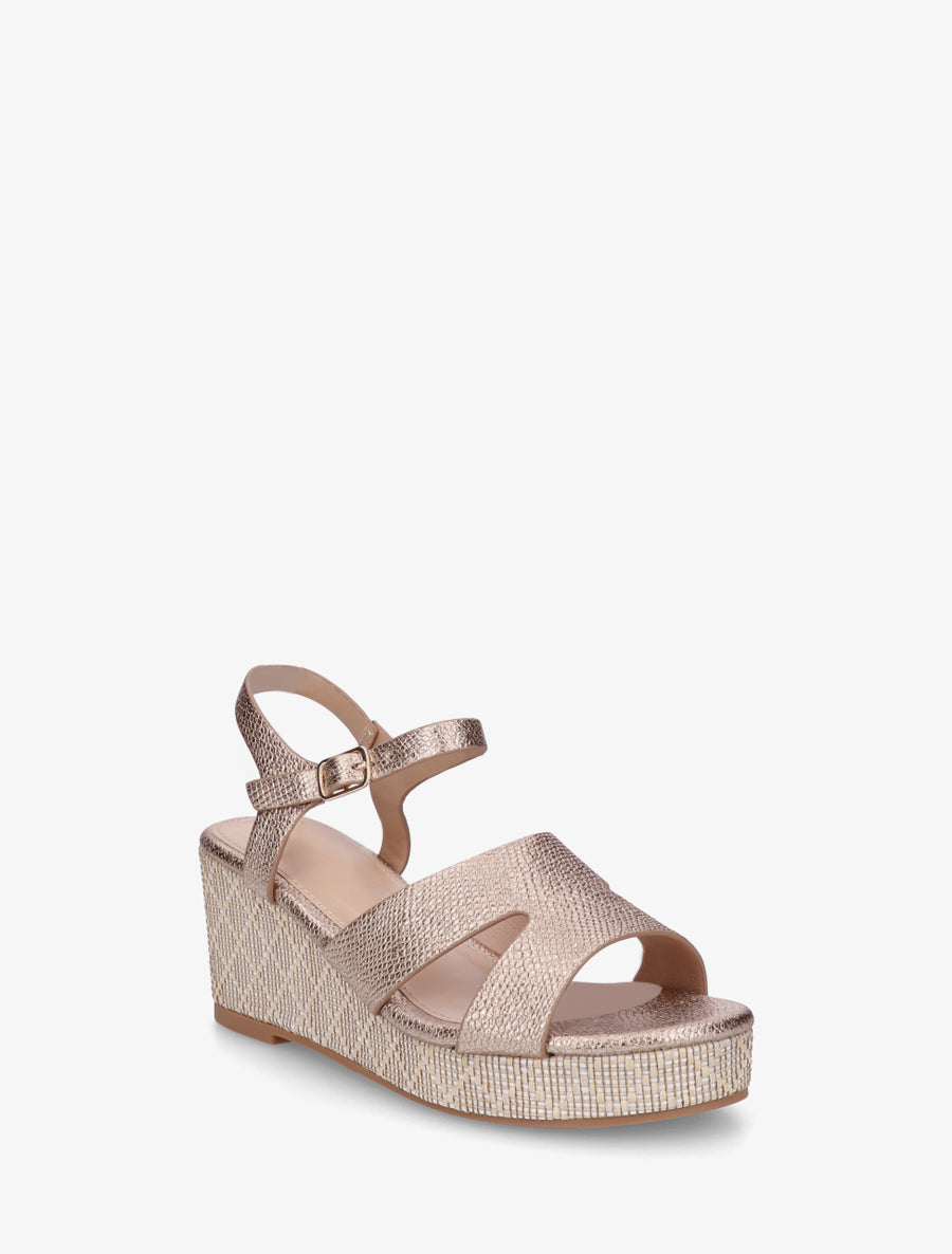 Sandales effet python à talon compensé - Rose gold