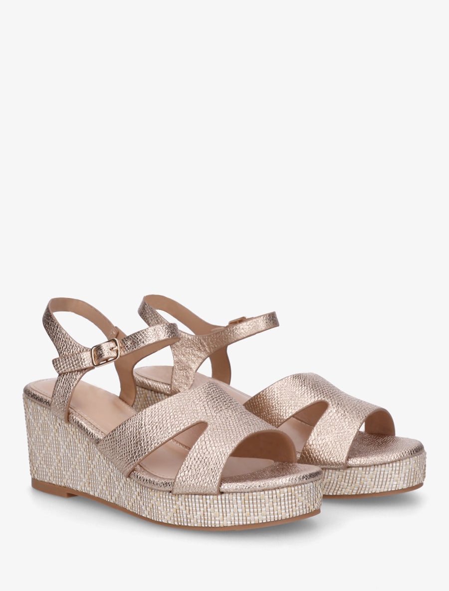 Sandales effet python à talon compensé - Rose gold