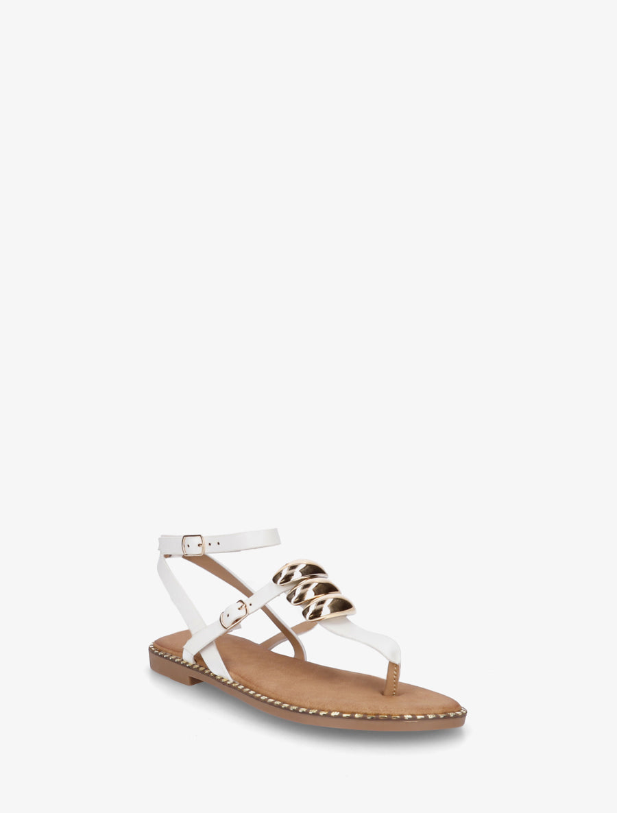 Nu-pieds à entredoigt et bijoux métalliques - Blanc